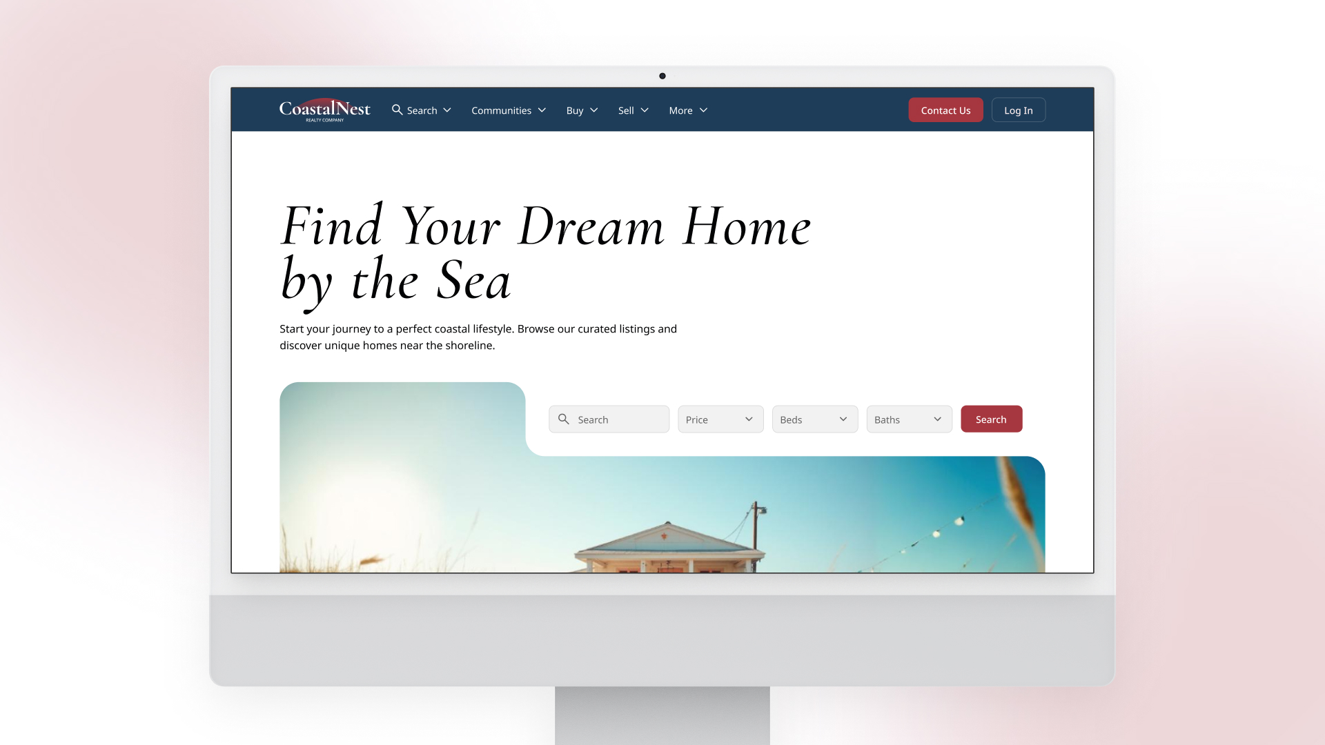 CoastalNest Realty coastal property website redesign mockup on desktop display