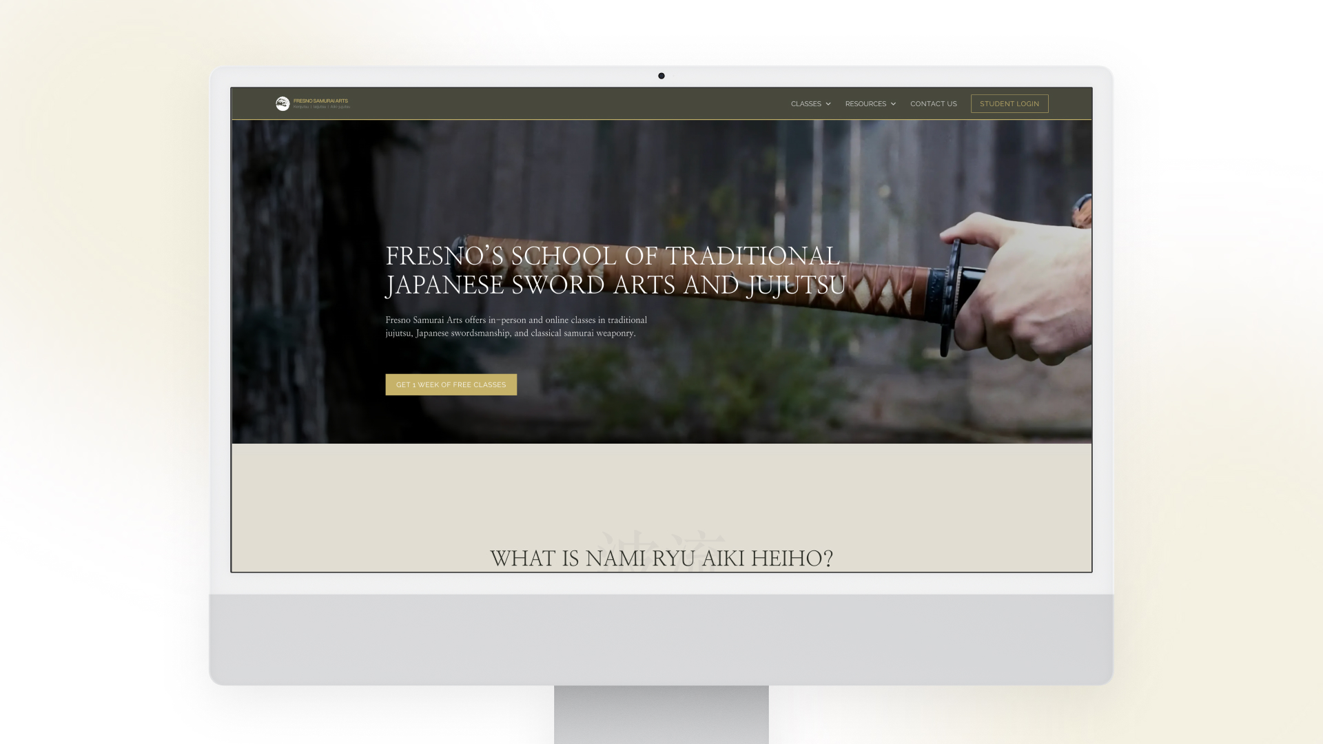 Fresno Samurai Arts martial arts school website interface mockup on desktop screen