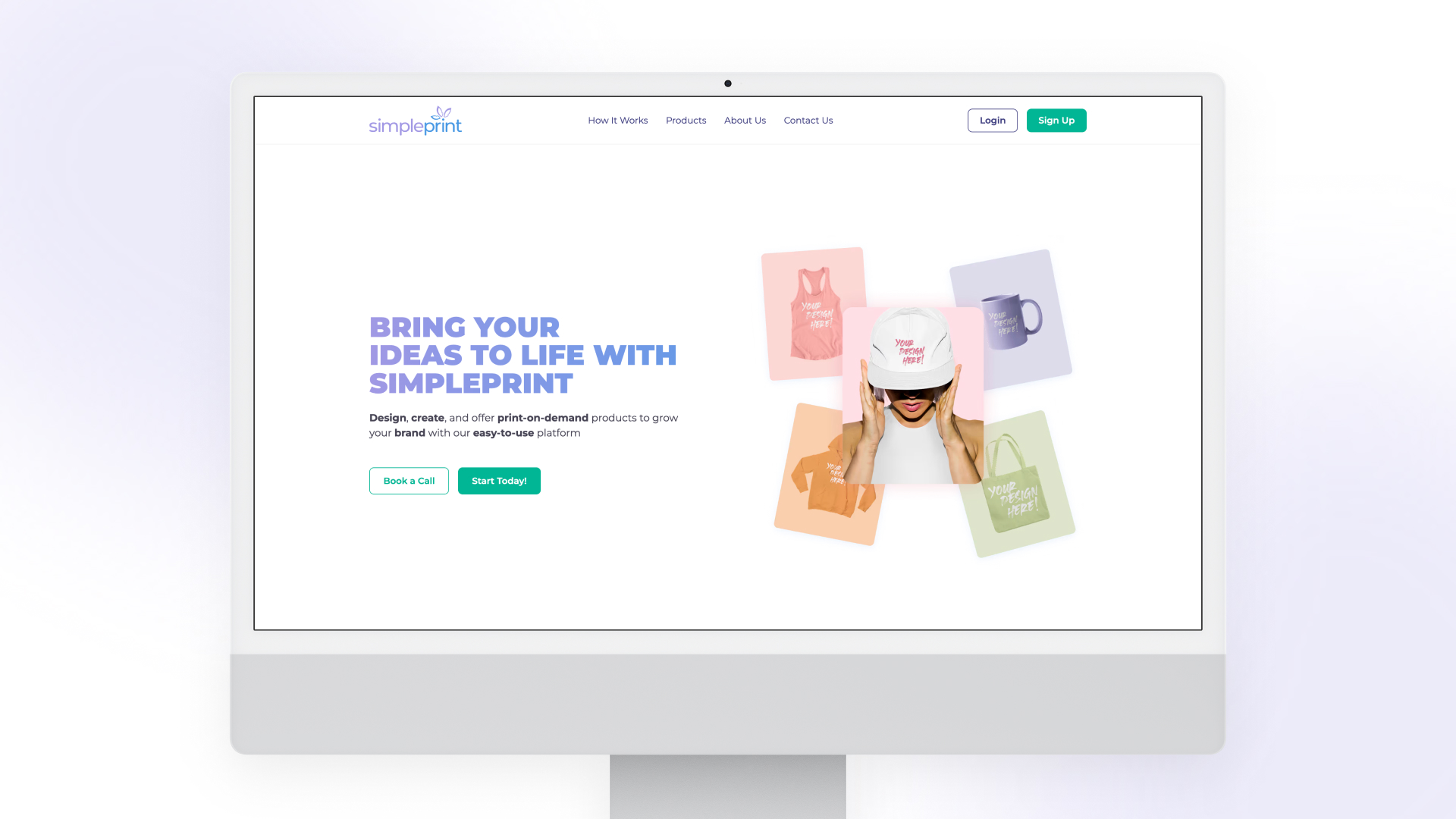 SimplePrint on-demand merchandise platform website shown on desktop monitor