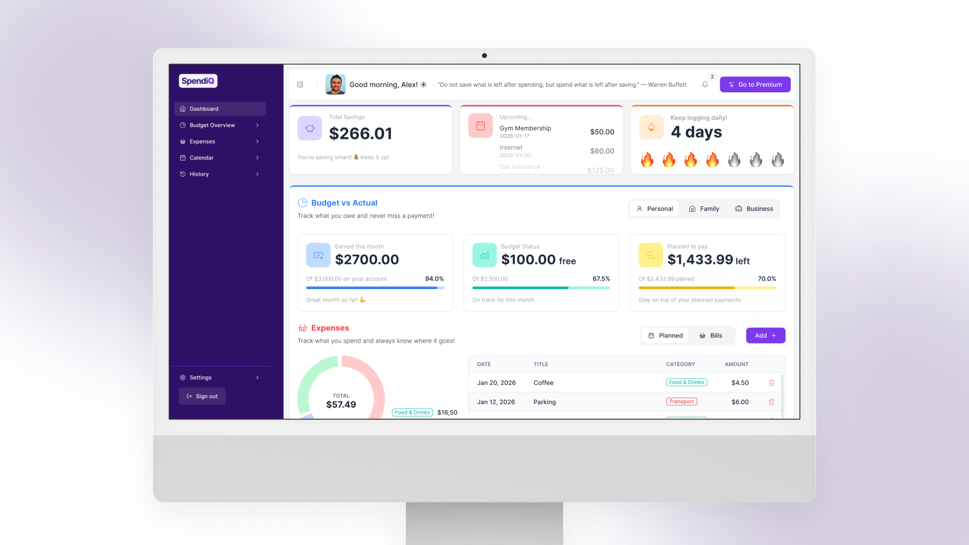 SpendiQ personal finance and budget motivation web app displayed on desktop monitor