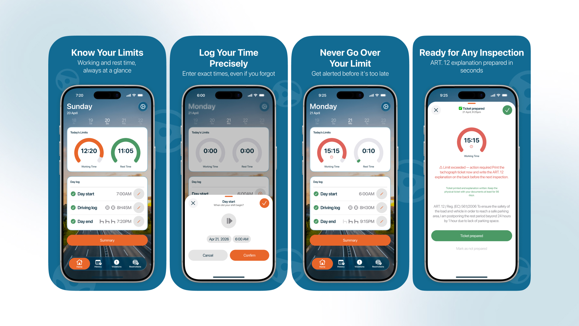 TachoBook iOS shift logging app mockup showing daily driver limits and break tracking interfaces
