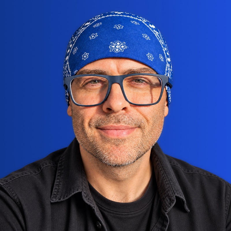 Serhii Orlenko in blue bandana and glasses